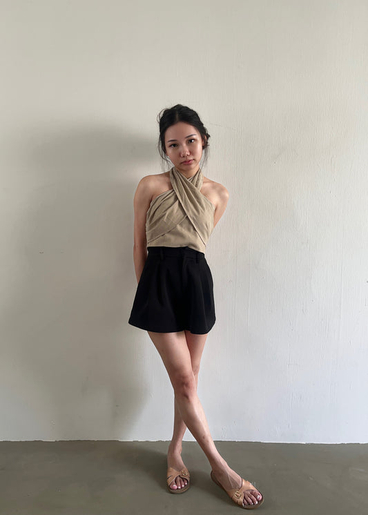 Quinn Linen Halter Neck Top (Brown beige)