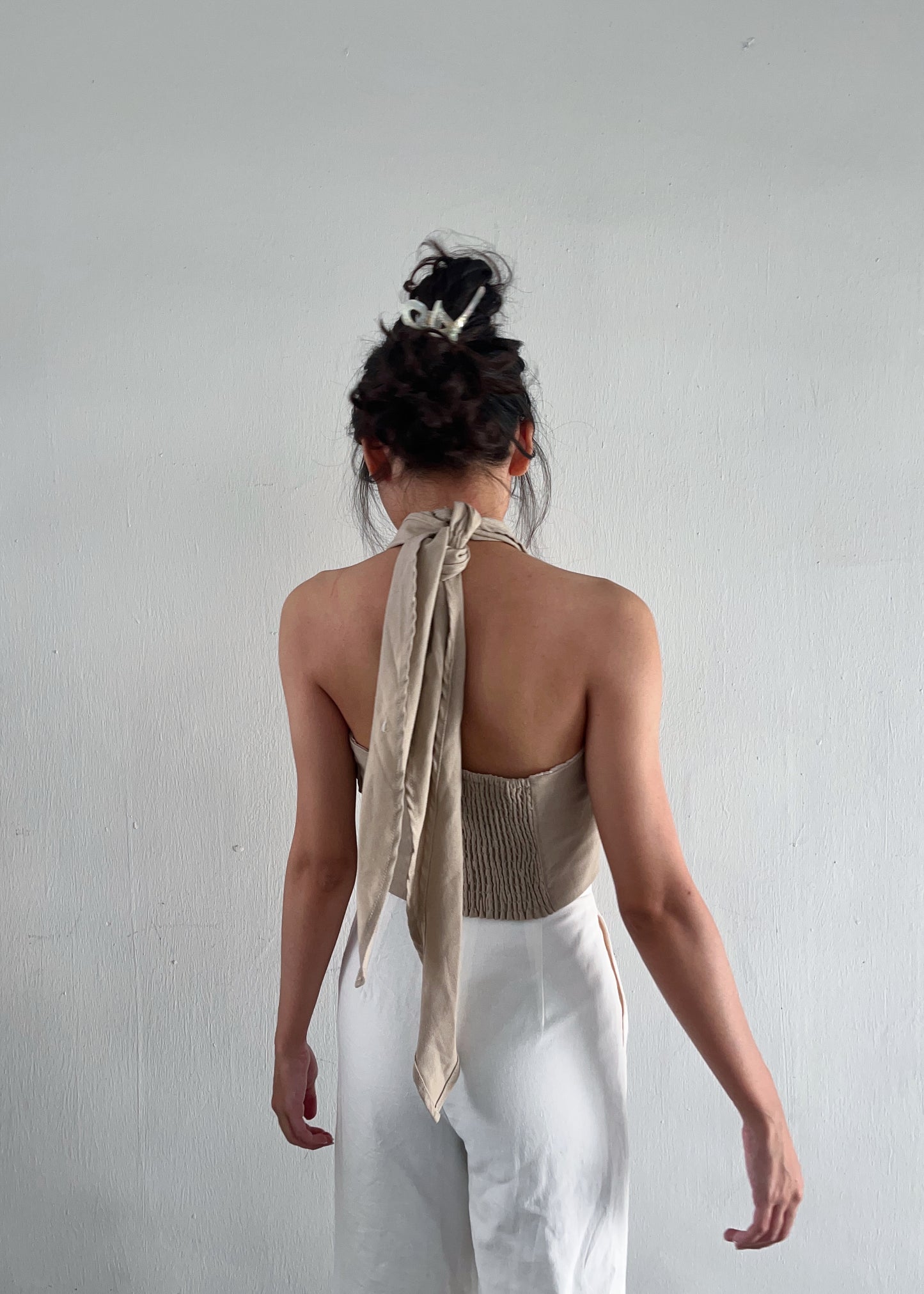 Quinn Linen Halter Neck Top (Brown beige)